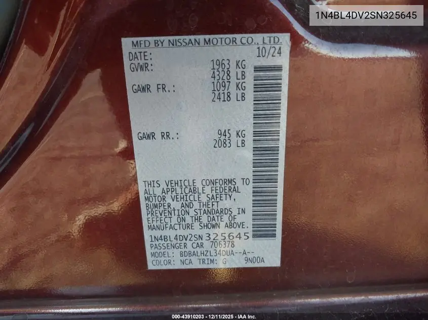 1N4BL4DV2SN325645 2025 Nissan Altima Sv Fwd