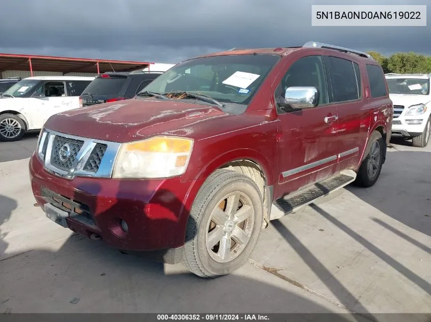 2010 Nissan Armada Se/Titanium/Platinum VIN: 5N1BA0ND0AN619022 Lot: 40306352