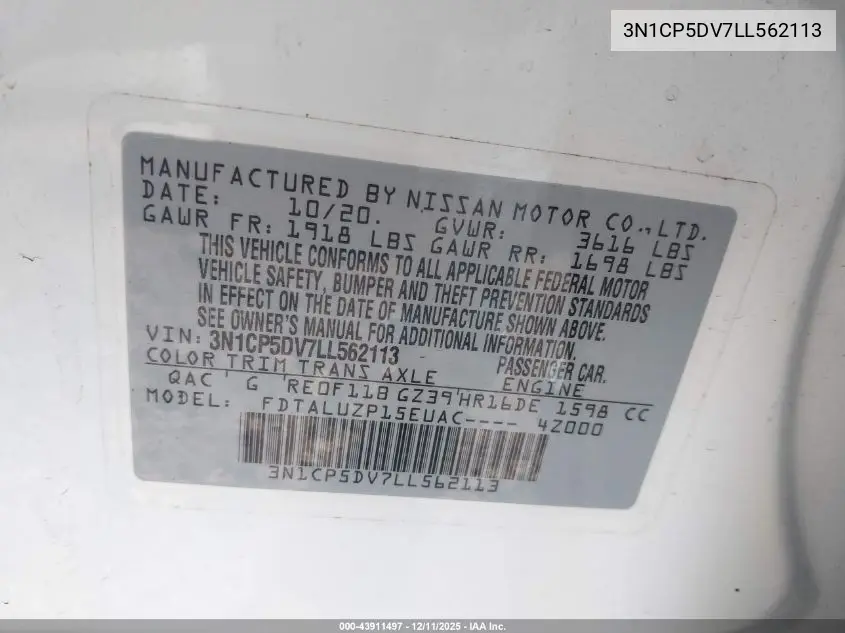 3N1CP5DV7LL562113 2020 Nissan Kicks Sr Xtronic Cvt