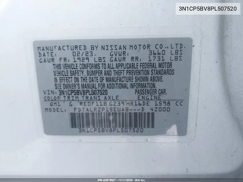 3N1CP5BV8PL507520 2023 Nissan Kicks S Xtronic Cvt