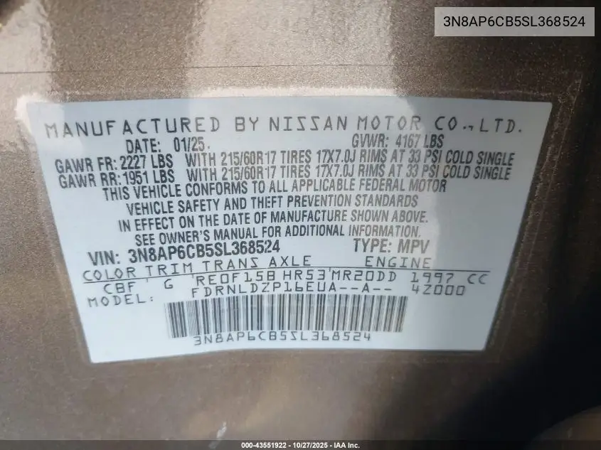 3N8AP6CB5SL368524 2025 Nissan Kicks Sv Intelligent Awd