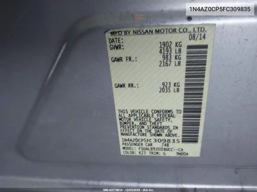 1N4AZ0CP5FC309835 2015 Nissan Leaf S