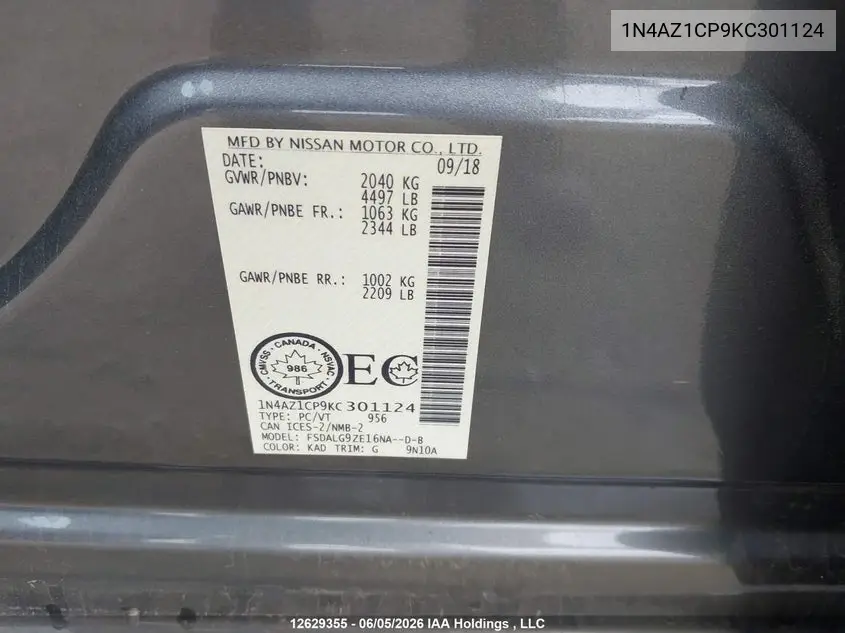 2019 Nissan Leaf S/Sl/Sv VIN: 1N4AZ1CP9KC301124 Lot: 12629355