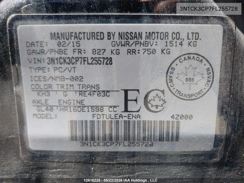 2015 Nissan Micra VIN: 3N1CK3CP7FL255728 Lot: 12618225