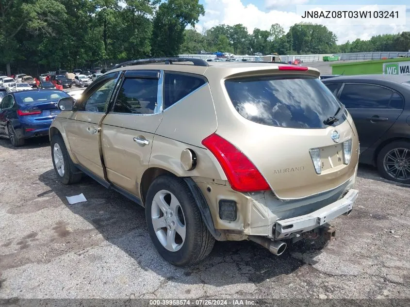 2003 Nissan Murano Sl VIN: JN8AZ08T03W103241 Lot: 39958574