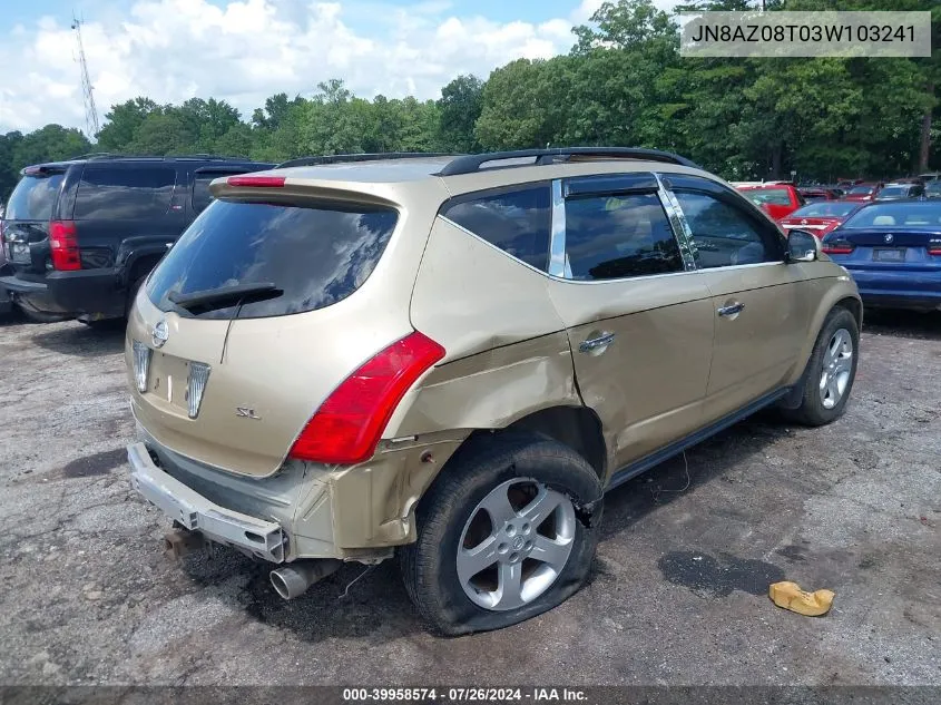 2003 Nissan Murano Sl VIN: JN8AZ08T03W103241 Lot: 39958574