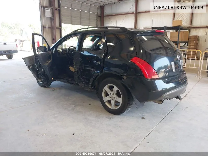 2003 Nissan Murano Sl VIN: JN8AZ08TX3W104669 Lot: 40216674