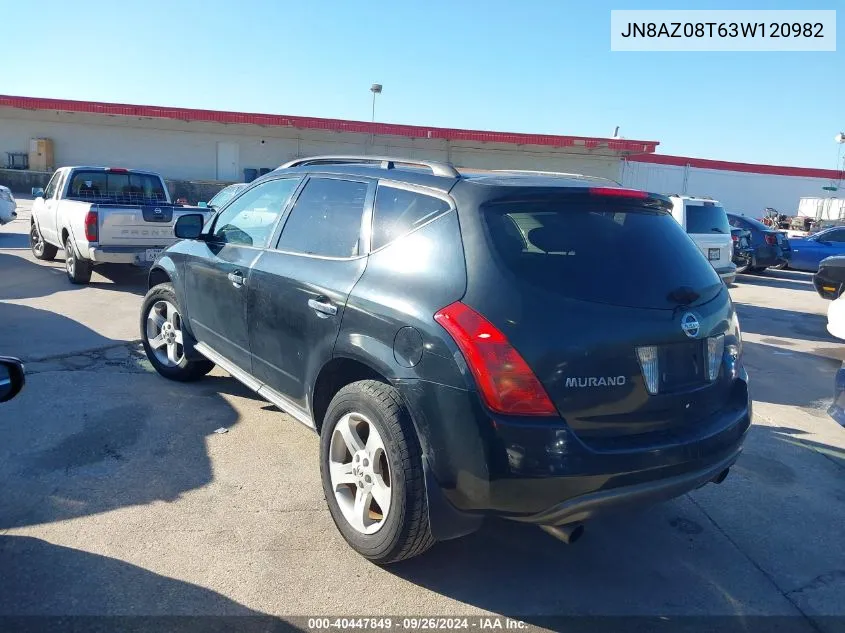 2003 Nissan Murano Sl VIN: JN8AZ08T63W120982 Lot: 40447849