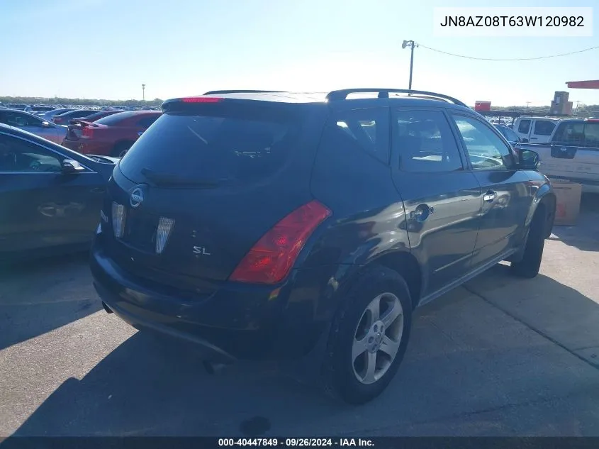 2003 Nissan Murano Sl VIN: JN8AZ08T63W120982 Lot: 40447849