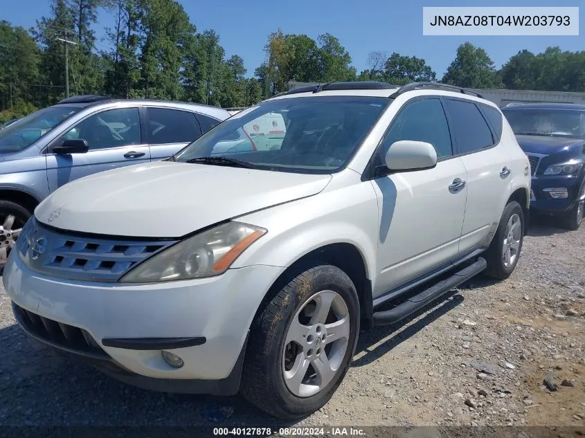 2004 Nissan Murano Sl VIN: JN8AZ08T04W203793 Lot: 40127878