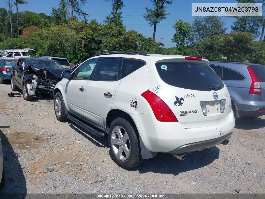 2004 Nissan Murano Sl VIN: JN8AZ08T04W203793 Lot: 40127878