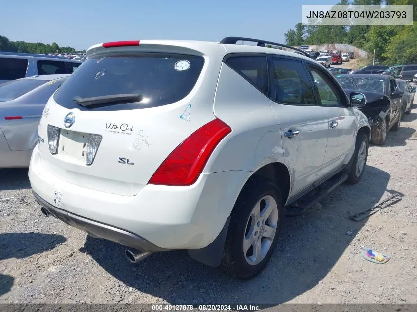 2004 Nissan Murano Sl VIN: JN8AZ08T04W203793 Lot: 40127878