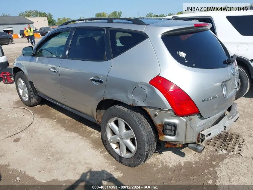 JN8AZ08WX4W317049 2004 Nissan Murano Se