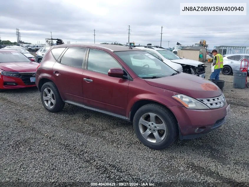 2005 Nissan Murano Sl VIN: JN8AZ08W35W400940 Lot: 40438429