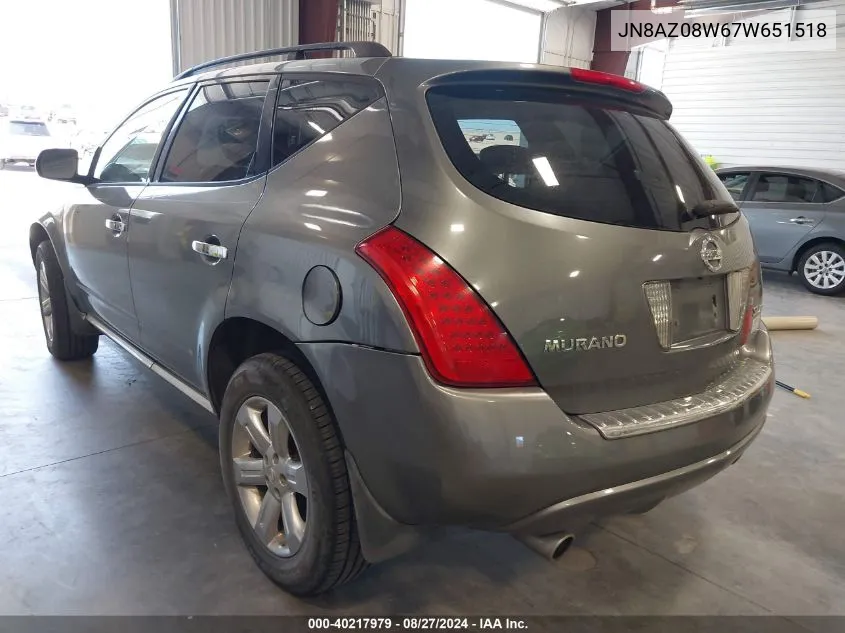 2007 Nissan Murano Sl VIN: JN8AZ08W67W651518 Lot: 40217979