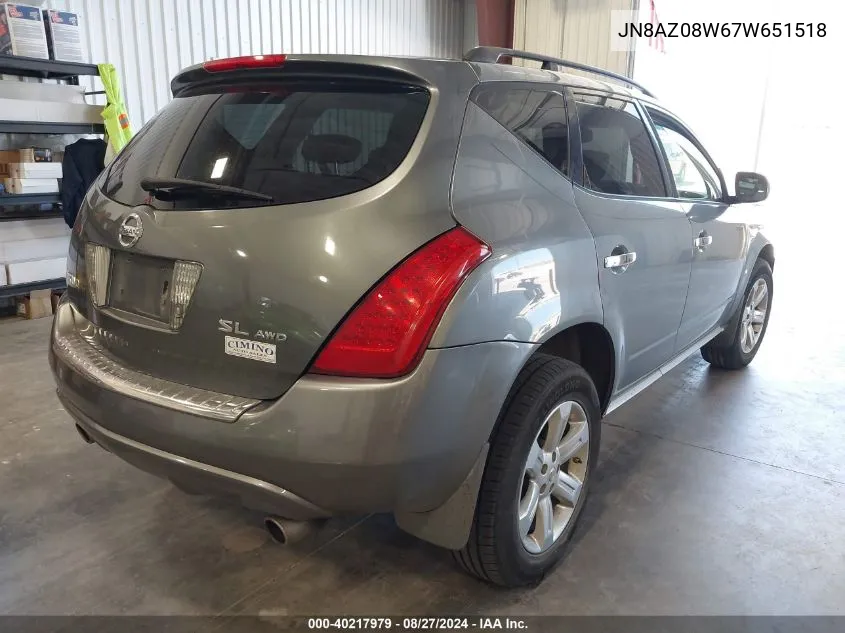 2007 Nissan Murano Sl VIN: JN8AZ08W67W651518 Lot: 40217979