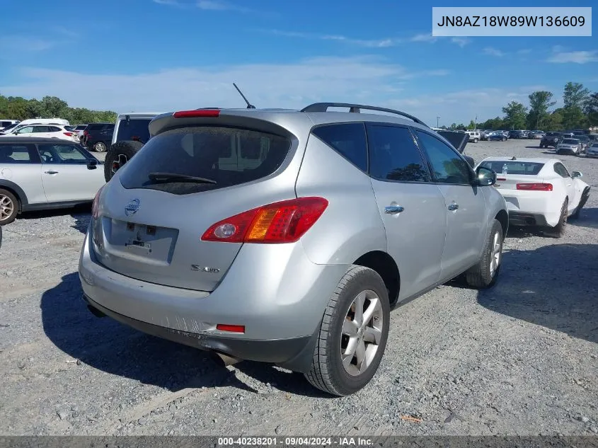 2009 Nissan Murano S VIN: JN8AZ18W89W136609 Lot: 40238201