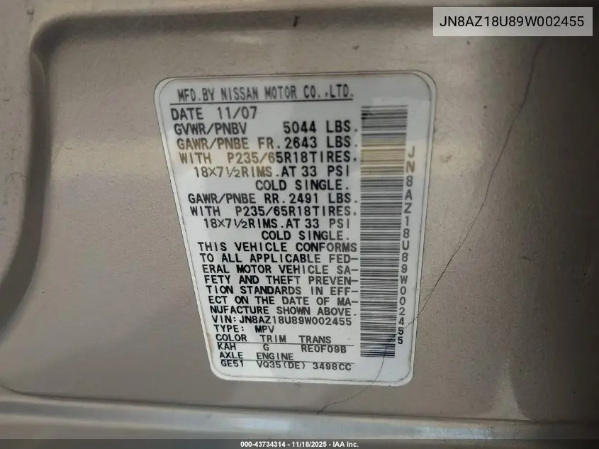 JN8AZ18U89W002455 2009 Nissan Murano Sl