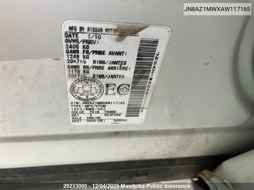 JN8AZ1MWXAW117165 2010 Nissan Murano Le