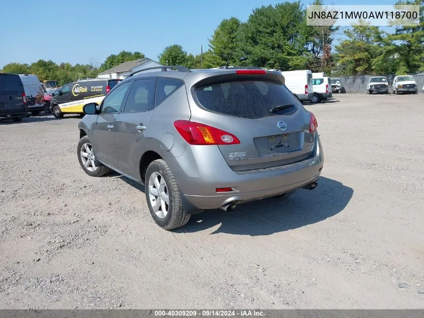 2010 Nissan Murano S/Sl/Le VIN: JN8AZ1MW0AW118700 Lot: 40309209