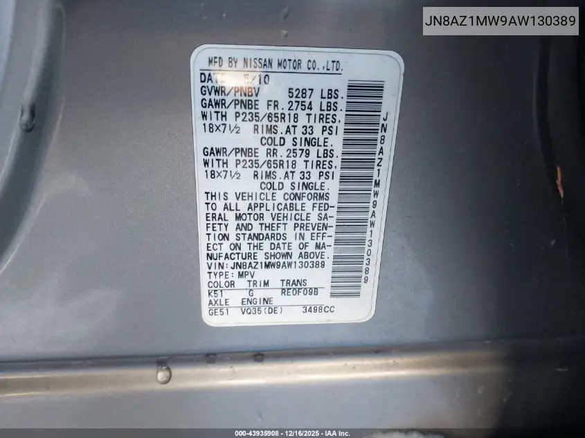 JN8AZ1MW9AW130389 2010 Nissan Murano Sl