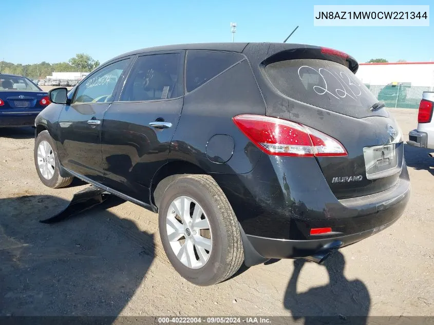 2012 Nissan Murano S/Sl/Le VIN: JN8AZ1MW0CW221344 Lot: 40222004