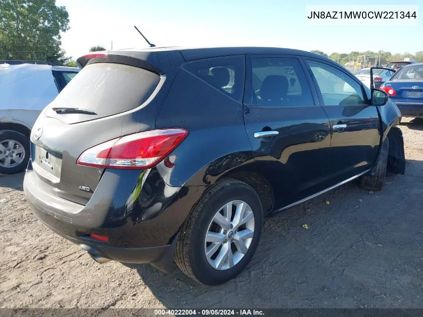 2012 Nissan Murano S/Sl/Le VIN: JN8AZ1MW0CW221344 Lot: 40222004