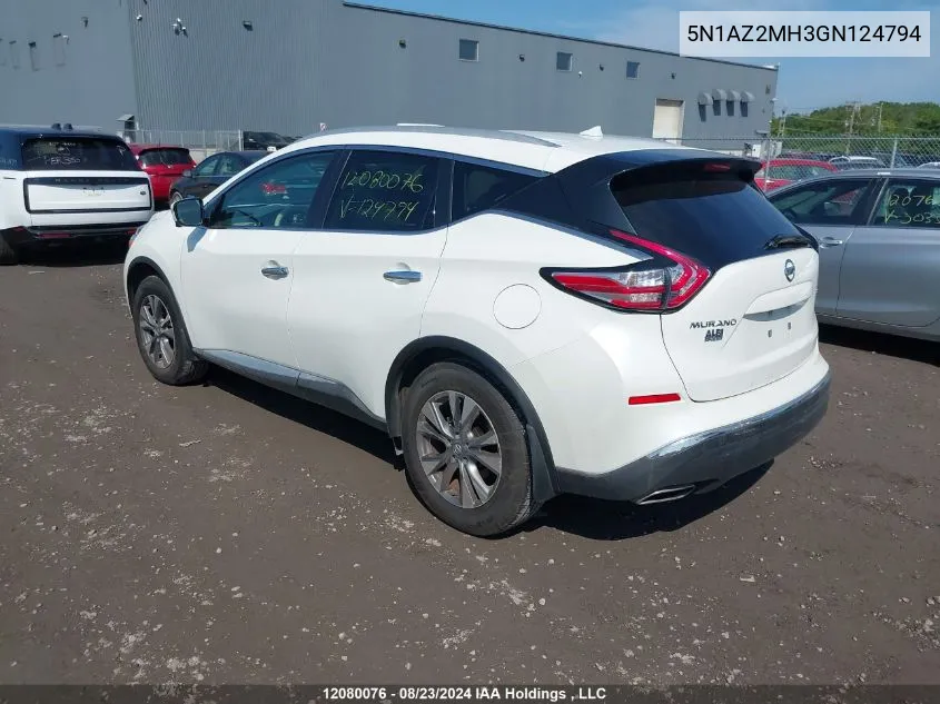 2016 Nissan Murano S/Sl/Sv/Platinum VIN: 5N1AZ2MH3GN124794 Lot: 12080076