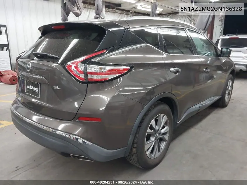 2016 Nissan Murano Sl VIN: 5N1AZ2MG2GN136328 Lot: 40204231