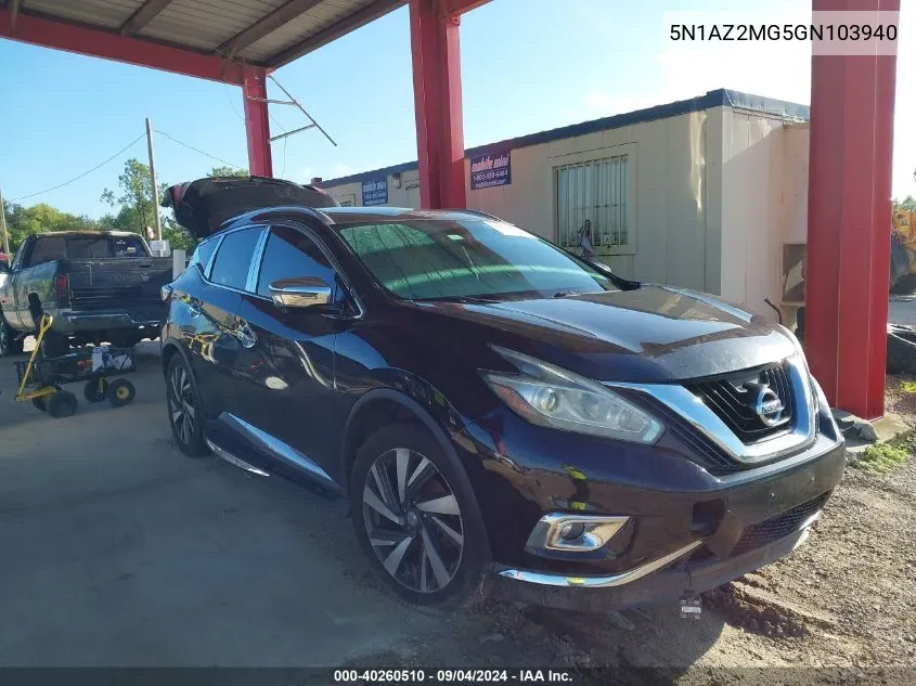 2016 Nissan Murano S/Sl/Sv/Platinum VIN: 5N1AZ2MG5GN103940 Lot: 40260510