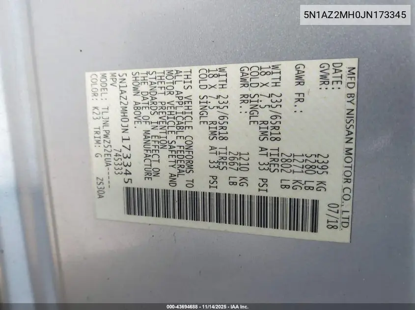 5N1AZ2MH0JN173345 2018 Nissan Murano S