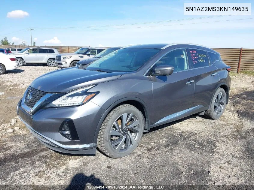 2019 Nissan Murano S/Sl/Sv/Platinum VIN: 5N1AZ2MS3KN149635 Lot: 12096494