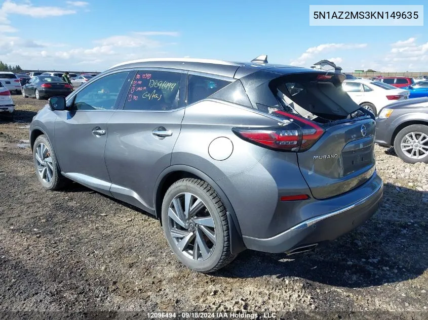 2019 Nissan Murano S/Sl/Sv/Platinum VIN: 5N1AZ2MS3KN149635 Lot: 12096494