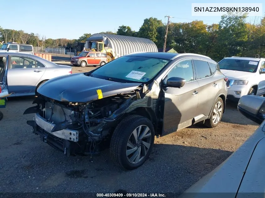 2019 Nissan Murano S/Sl/Sv/Platinum VIN: 5N1AZ2MS8KN138940 Lot: 40309409