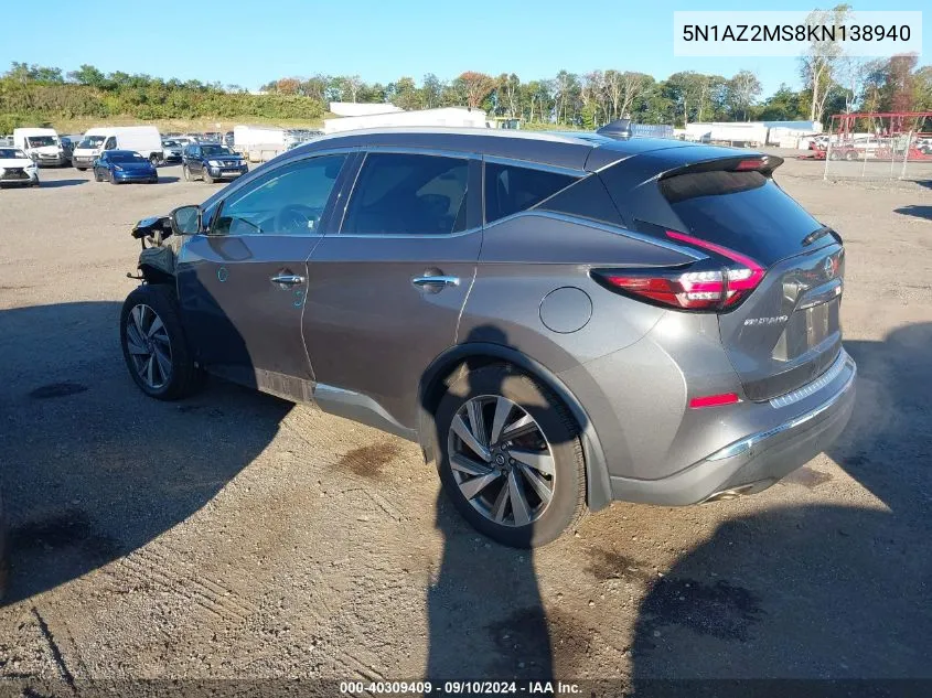 2019 Nissan Murano S/Sl/Sv/Platinum VIN: 5N1AZ2MS8KN138940 Lot: 40309409