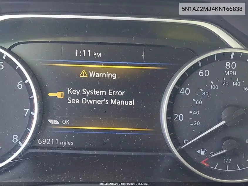5N1AZ2MJ4KN166838 2019 Nissan Murano Sv
