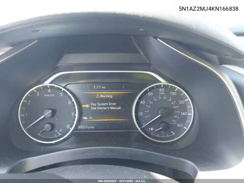 5N1AZ2MJ4KN166838 2019 Nissan Murano Sv