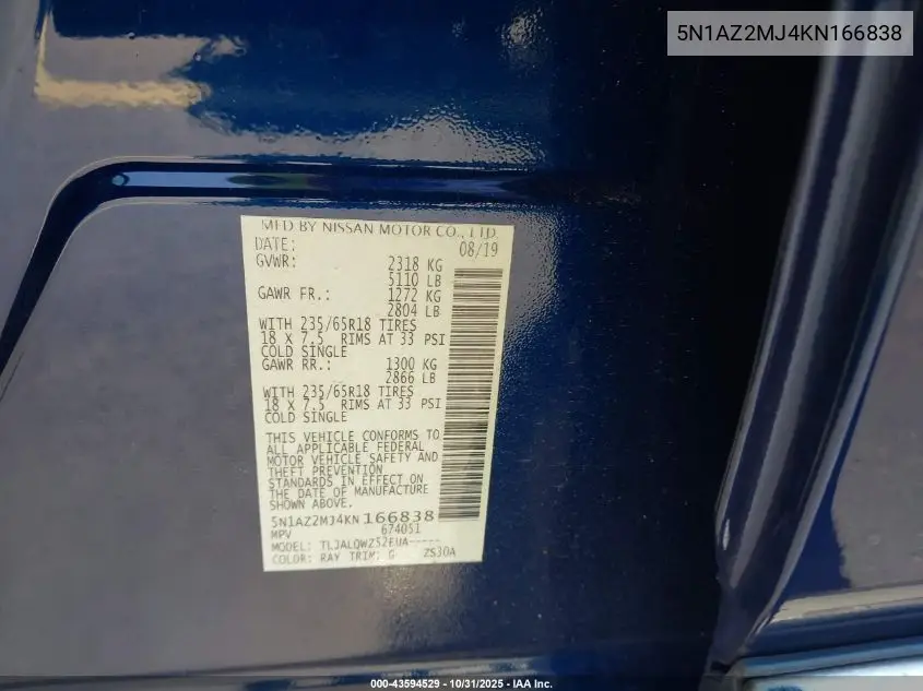 5N1AZ2MJ4KN166838 2019 Nissan Murano Sv