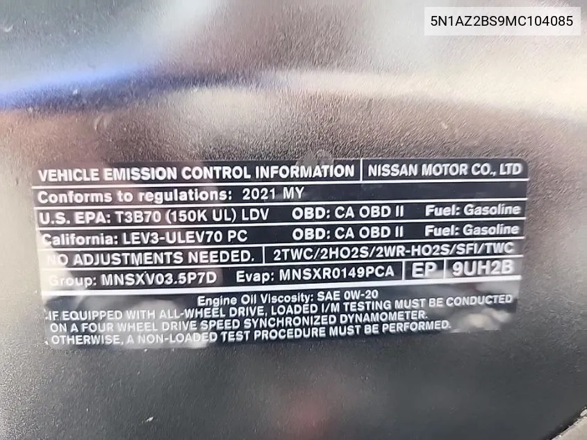 5N1AZ2BS9MC104085 2021 Nissan Murano Sv