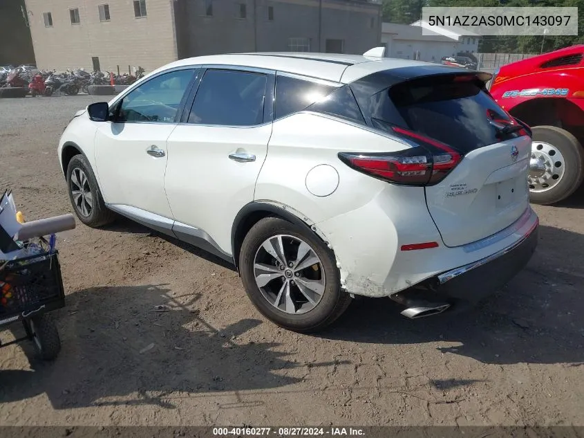 2021 Nissan Murano S Intelligent Awd VIN: 5N1AZ2AS0MC143097 Lot: 40160277