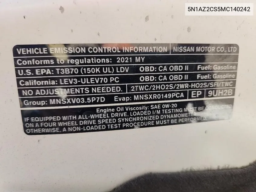 5N1AZ2CS5MC140242 2021 Nissan Murano Sl