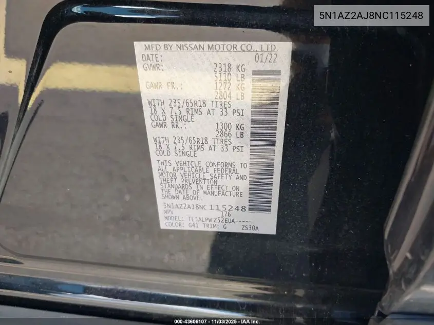 5N1AZ2AJ8NC115248 2022 Nissan Murano S Fwd