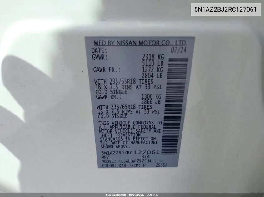 5N1AZ2BJ2RC127061 2024 Nissan Murano Sv Fwd