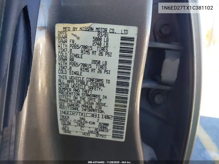 1N6ED27TX1C381102 2001 Nissan Frontier Xe-V6
