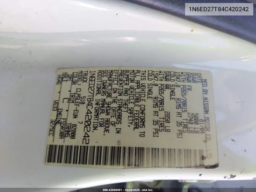 1N6ED27T84C420242 2004 Nissan Frontier Xe-V6