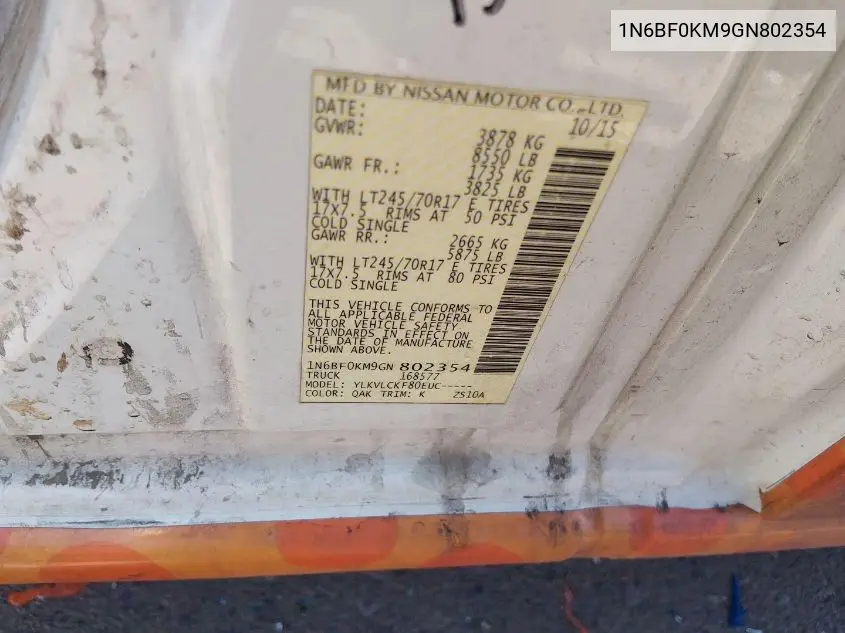 1N6BF0KM9GN802354 2016 Nissan Nv Cargo Nv1500 S V6