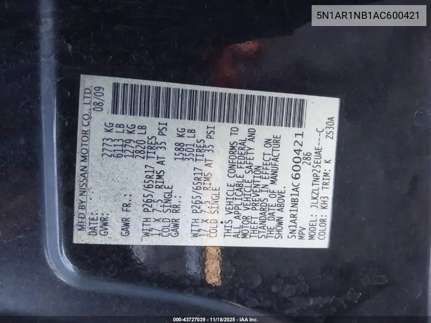5N1AR1NB1AC600421 2010 Nissan Pathfinder Se