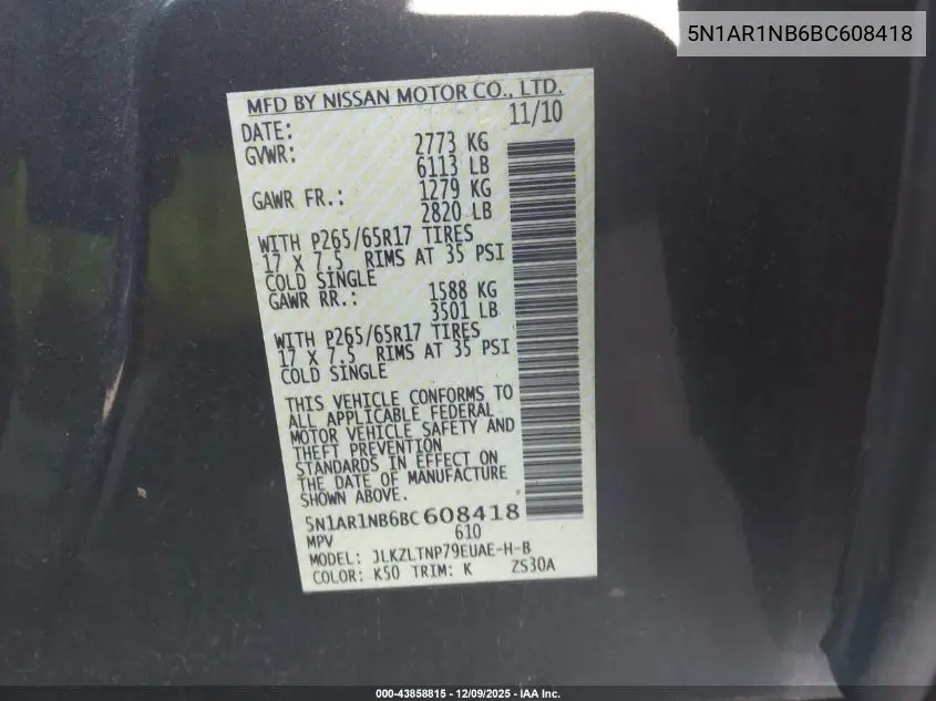 5N1AR1NB6BC608418 2011 Nissan Pathfinder Silver