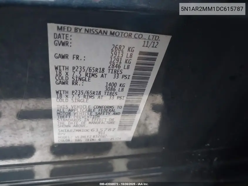 5N1AR2MM1DC615787 2013 Nissan Pathfinder Sv