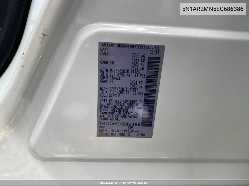 5N1AR2MN5EC686386 2014 Nissan Pathfinder Platinum/S/Sl/Sv